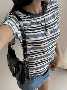 Livesso 女士蓝色条纹休闲圆领T恤，夏秋季短款上衣 - 藍色 - 查看 5
