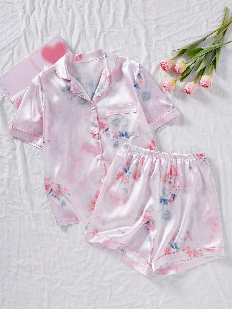 SHEIN Girls Elegant Pink Floral Print Collared Long Sleeve & Pants 2 Pieces Pajama Set, Comfortable Loungewear - Multicolor - View 1