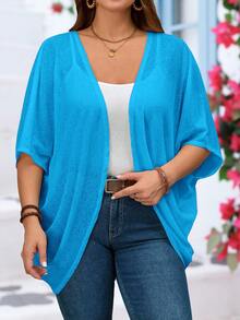 EMERY ROSE Plus Size Vacation Solid Color Asymmetric Hem Batwing Sleeve Casual Jacket,Spring/Summer Fall - Blue - View 5