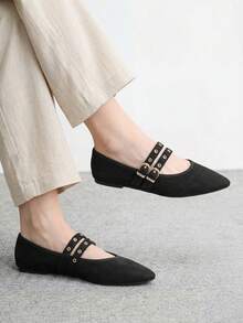 CUCCOO BIZCHIC 女士搭扣百搭鞋，简约大方，平底设计，适合日常出行、通勤和休闲穿着，圆头鞋 - 黑色 - 查看 1