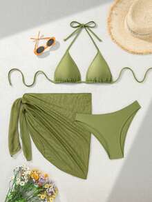 Swim Vcay Conjunto de Maiô Feminino Três Peças Estilo Europeu e Americano Sexy com Costas Abertas para Primavera e Verão, Roupa de Praia Feminina Cor Sólida com Decote Halter e Amarração nas Costas, Saia de Tela da Moda, Design Moderno e Sexy, Adequado para Praia, Lua de Mel e Férias, Conjunto de Maiô Bikini - Verde - Visão 3