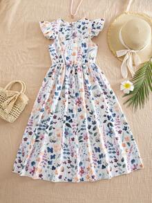 SHEIN Elladie kids 少女印花复古图案短袖收腰连衣裙 - 白色 - 查看 3