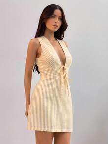 SHEIN SXY 大码无袖黄色条纹连衣裙 - 黃色 - 查看 3