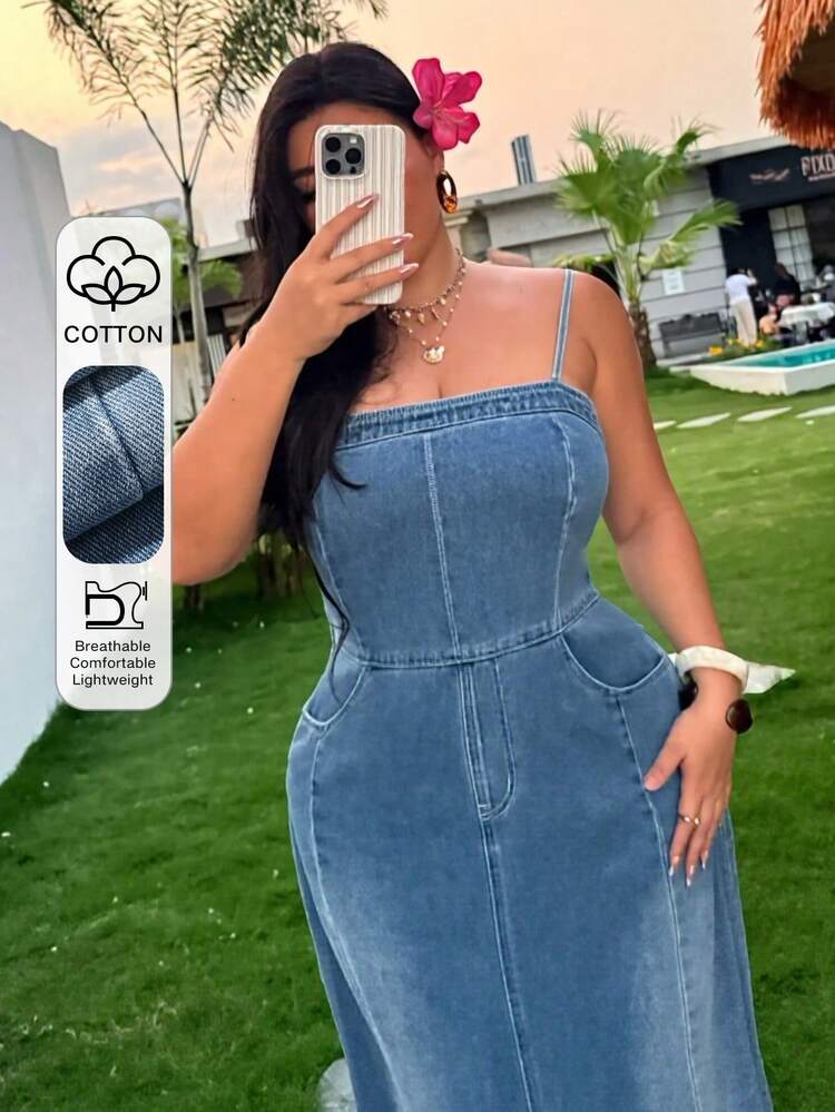Dazy Plus Sleeveless Washed Distressed Long Denim Dress, Spring/Summer Plus Size, Vacation Style Sun Dresses For Women