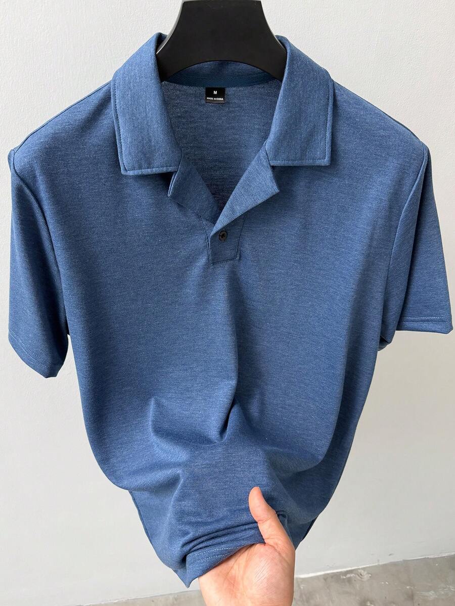 Manfinity Homme 男士纯色纽扣半开襟短袖 Polo 衫 - 藍色 - 查看 1