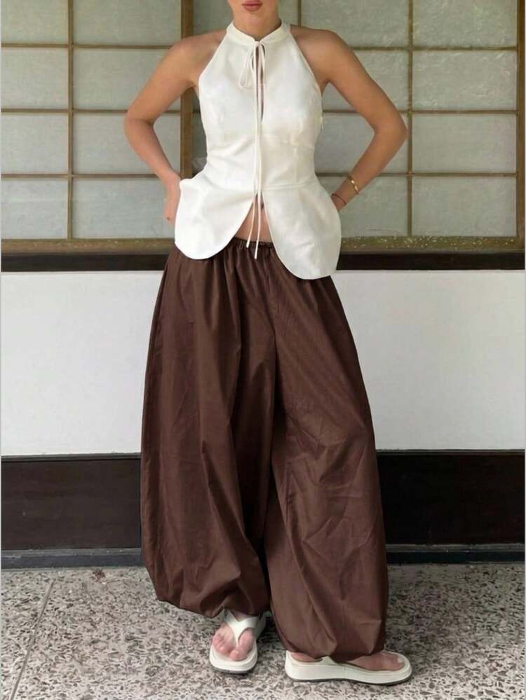 Women's Comfortable Fabric Elastic Waist Convenient Pull-On Side Pockets Flared Leg Casual Trousers, Versatile For All Seasons, Fashionable Urban Commuter Business Casual, High-Quality Airport Wear, Bohemian Style Pants All-Season Bohemian Style Vacation Outfits Seaside Women's Clothing, Country Music Concert Style, Western Style Clothing, Nomadic Casual Fashion Boho Street Fashion Wear, Clothing, Coffee Shop, Relaxed Wear All-Season