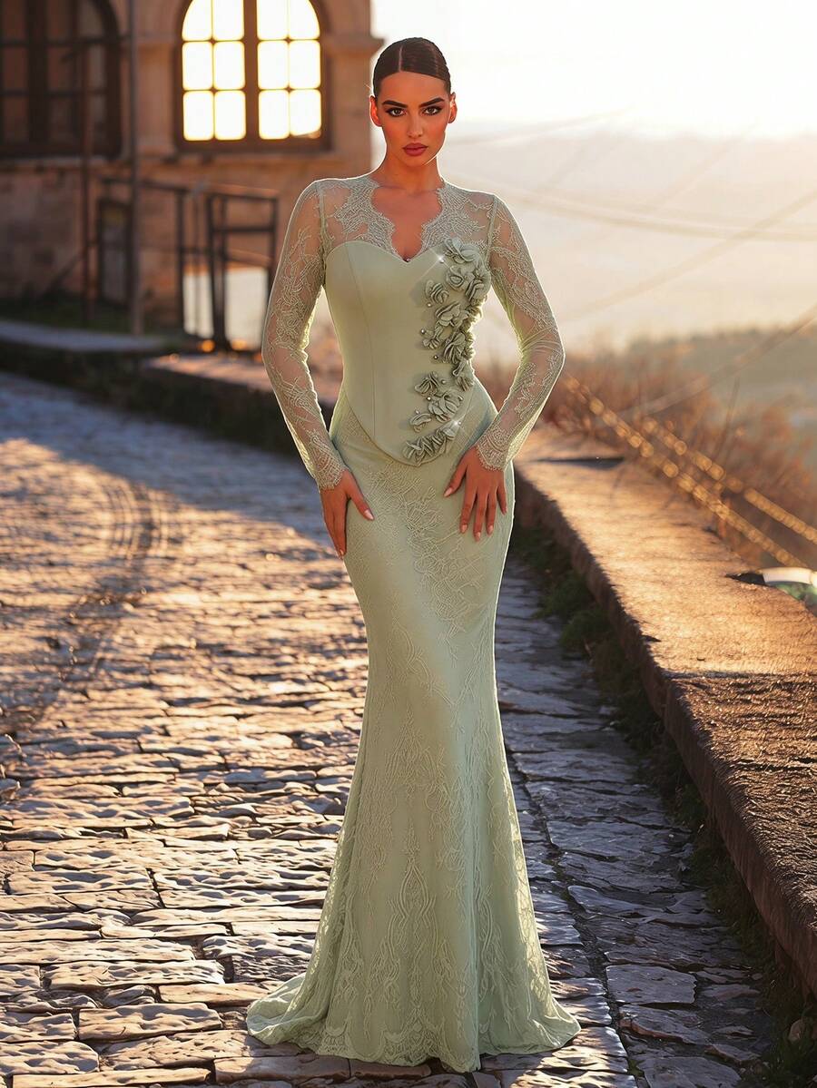 Aureia 女款深粉綠色V領針織洋裝，蕾絲飾邊手工鑲鑽3D花朵裝飾，2合1長袖透視魚尾下擺禮服