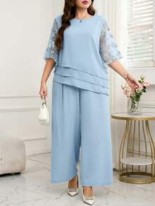 Reflora Bộ đồ 2 mảnh thanh lịch dành cho nữ cỡ lớn, gồm áo và quần ngắn tay phối lưới họa tiết hoa. - Màu xanh nhạt - Xem 8