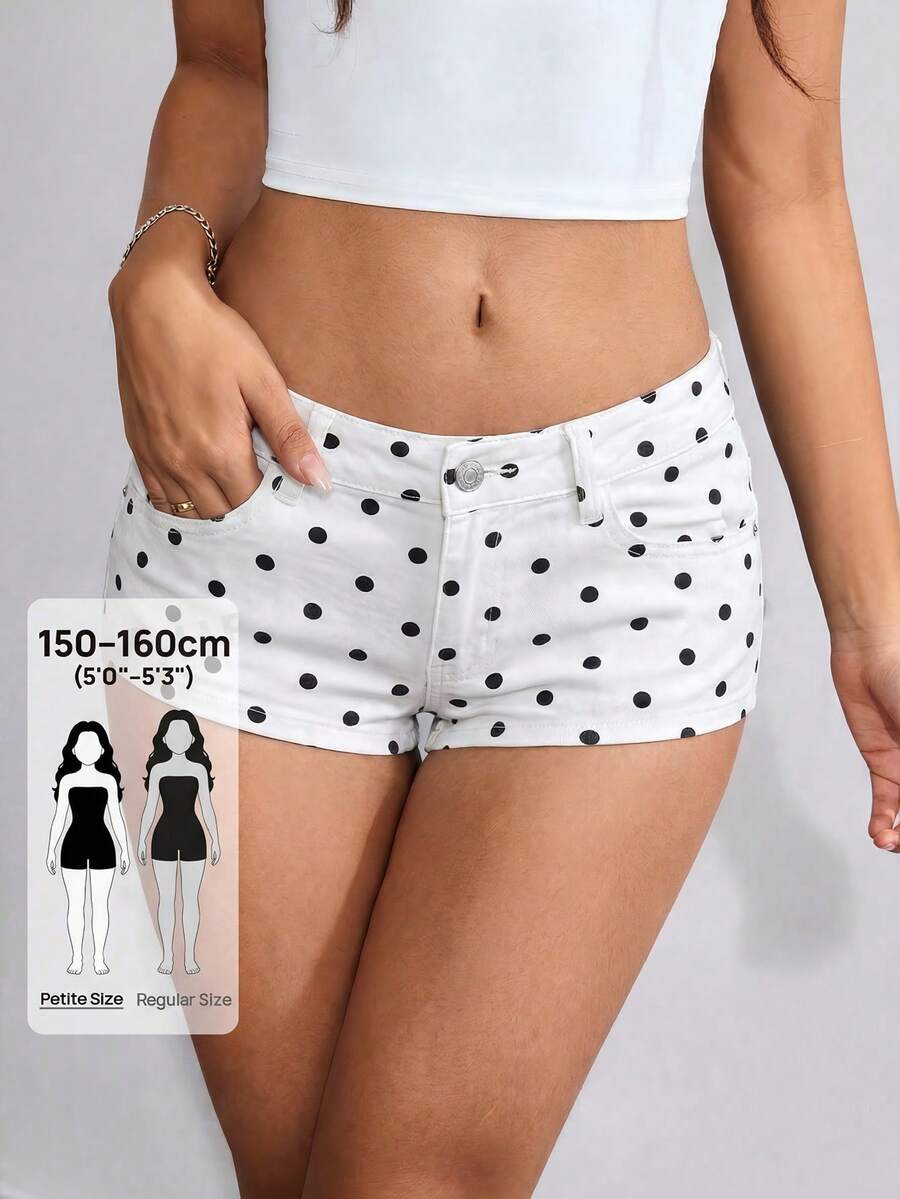SHEIN PETITE 女款波點口袋鈕扣休閒百搭日常牛仔短褲,適合嬌小女性 - 白色 - 查看 1