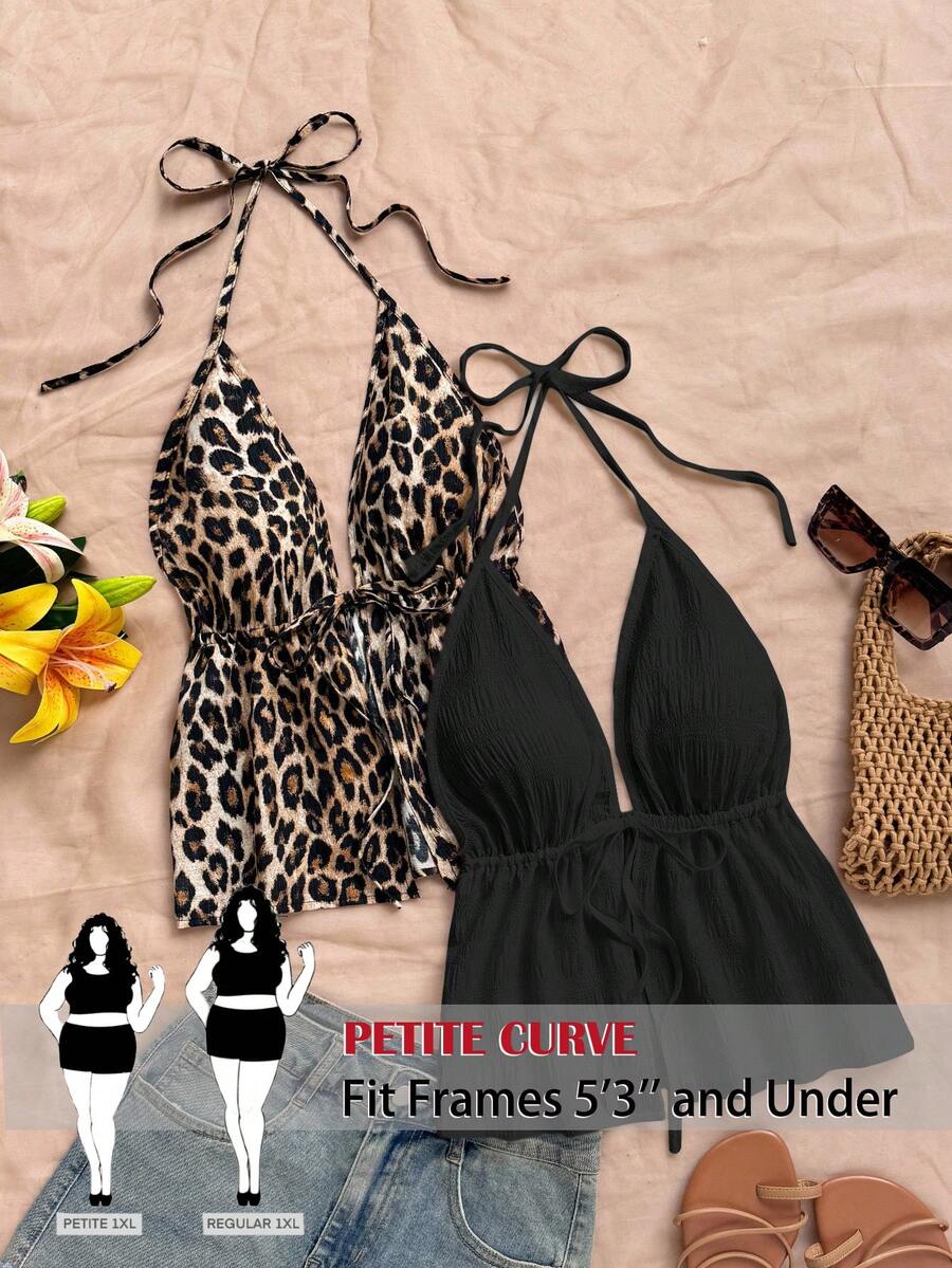 SHEIN PETITE CURVE 大码夏季休闲纯色及豹纹露背吊带上衣
