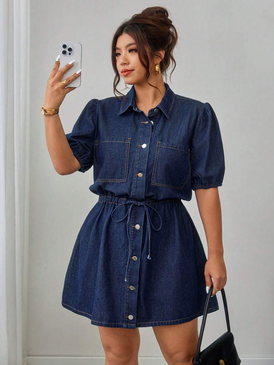 Elenzga Plus Size Women Elegant Comfortable Loose Navy Blue Non-Stretch Denim Dress - Dark Wash - View 1