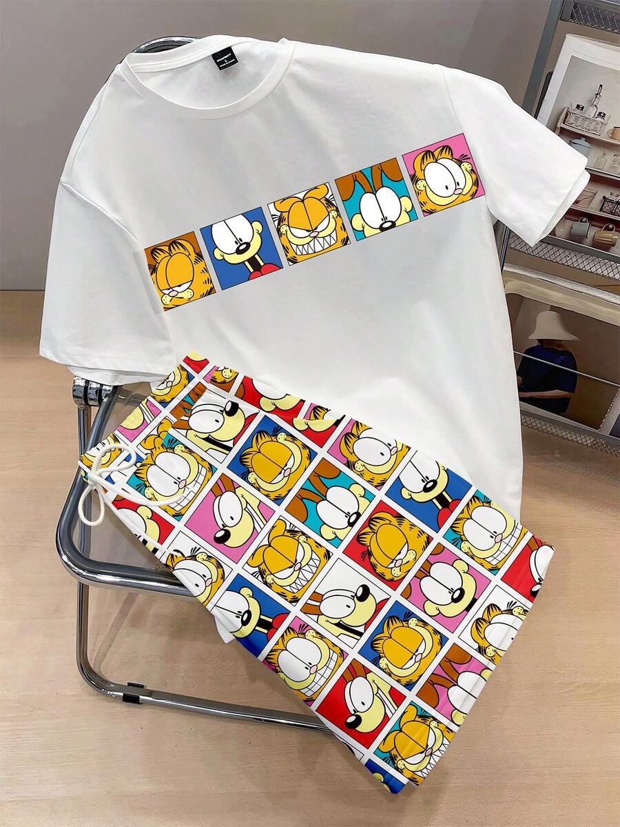 GARFIELD | SHEIN Manfinity Joysei Bộ áo thun nam đồng bộ - trắng - Xem 1