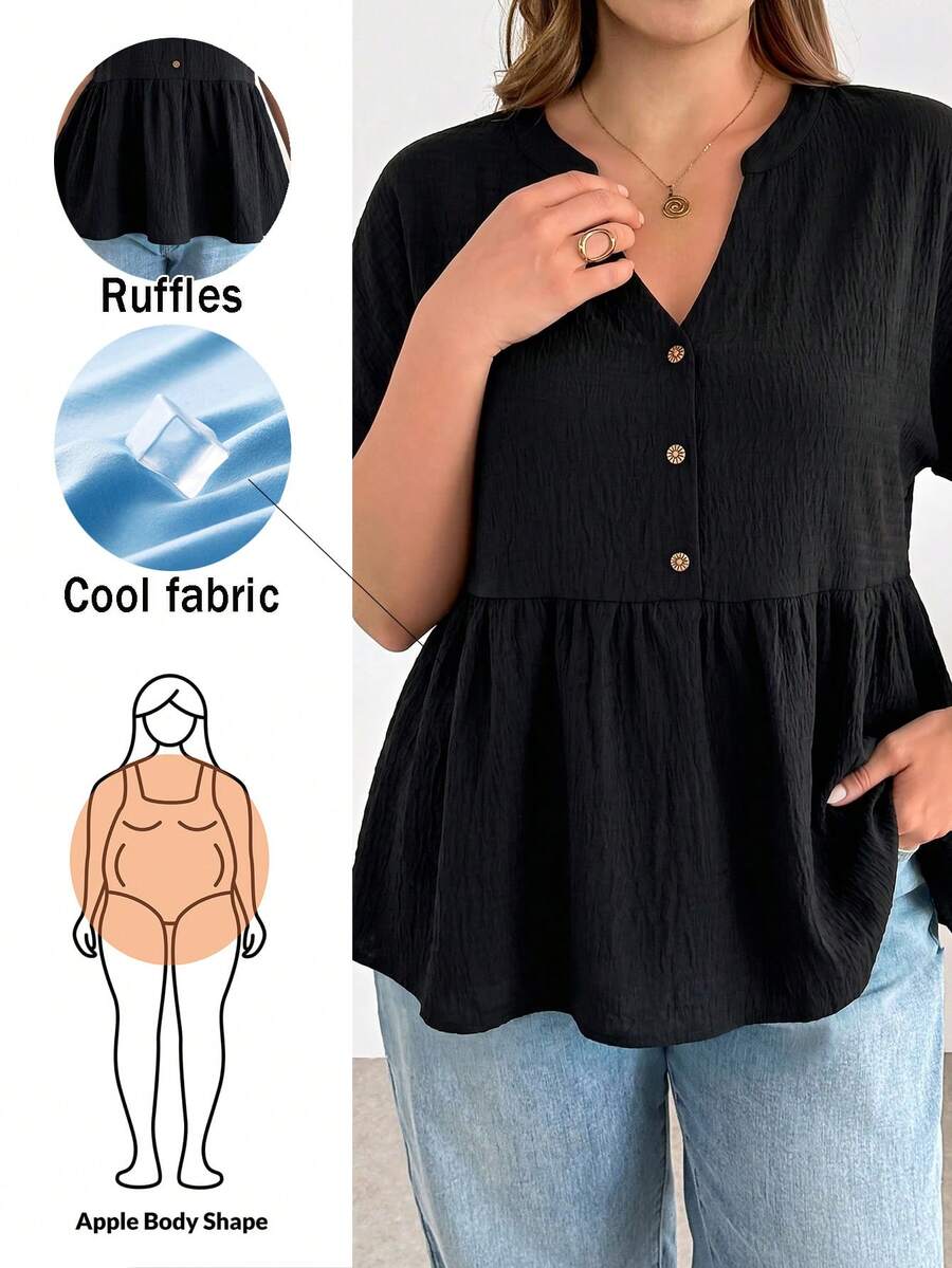 Shapeblank Áo kiểu babydoll cổ chữ V tay ngắn màu đen dành cho nữ cỡ lớn, phong cách xuân/hè, thoải mái, thoáng mát, đa năng, tôn dáng, thích hợp mặc hàng ngày, kiểu dáng cơ bản, đơn giản, thích hợp mặc đi chơi, phong cách mùa hè châu Âu. - màu đen - Xem 1