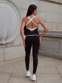 Maju Mazalli Women's Black And White Knitted Jumpsuit With Spaghetti Straps Backless Long Colorblock Design Sports - Black and White - View 2