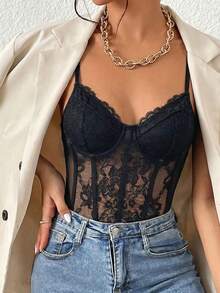 SHEIN Glamour 性感纯色蕾丝拼接连体衣，夏季 - 黑色 - 查看 3