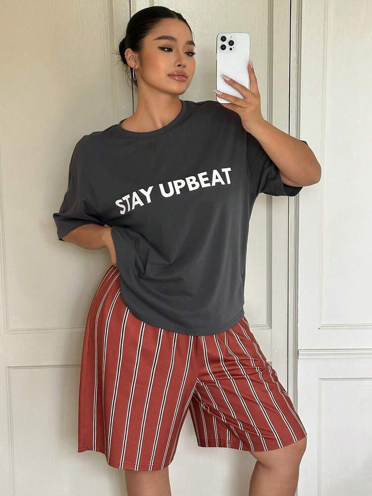 Dazy Plus Plus Size Letter Print Round Neck Short Sleeve Top And Striped Print Shorts Pajama Set Summer