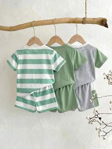SHEIN 3pcs Kids Summer Clothes Set,Young Boy Blue Striped Patchwork Casual Cute Outfit Include T-Shirt And Shorts,Family Matching Holiday School Home Travel - Multicolor - View 3