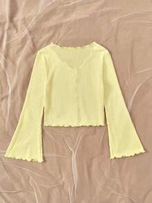 SHEIN 少女日常休闲针织领荷叶边黄色修身开衫，喇叭袖 - 黃色 - 查看 7