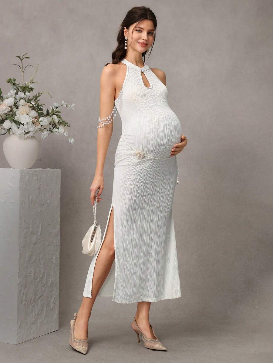 Cheriluna Maternity 孕妇纯色高开衩镂空修身无袖连衣裙,适合拍照 - 白色 - 查看 1