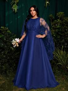 Roveilla Đầm maxi cỡ lớn dệt kim cổ áo choàng thêu, eo thắt, đầm dạ hội thanh lịch. - Màu xanh hải quân - Xem 5