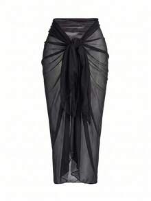 Slaydiva Plus Size Women's Wrap Skirt One-Piece Style Vacation Chiffon Beach Cover Up - Black - View 5
