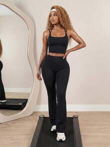 BamGleam Women's Minimalist Solid Color Spaghetti Strap Cropped Tank Top And High Waist Straight Leg Pants Sports Set Two Piece Pants Set Flared Leggings Set - Black - View 1