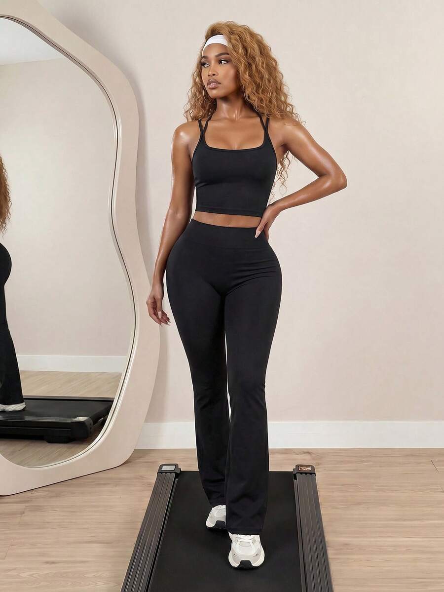 BamGleam Women's Minimalist Solid Color Spaghetti Strap Cropped Tank Top And High Waist Straight Leg Pants Sports Set Two Piece Pants Set Flared Leggings Set - Black - View 1