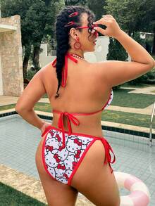 Swim Mod HELLO KITTY AND FRIENDS | SHEIN Bộ bikini nữ size lớn 2026 mẫu mới mùa hè đi biển, họa tiết đồng thương hiệu, hai mặt, kiểu cổ yếm hoạt hình - Nhiều màu - Xem 4