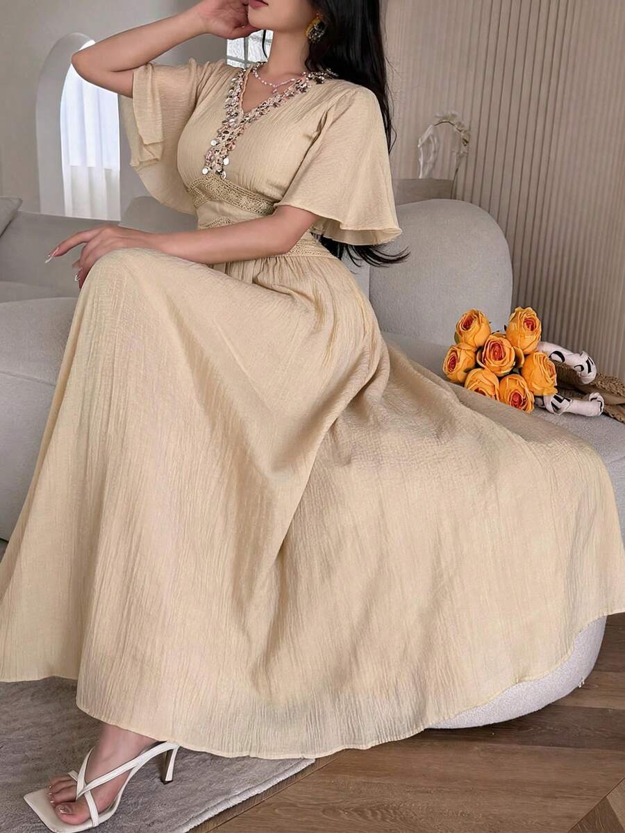 Feyla Women's V-Neck Applique Solid Color Elegant Boho Short Sleeve Midi Dress Vacation Beige Summer - Apricot - View 1