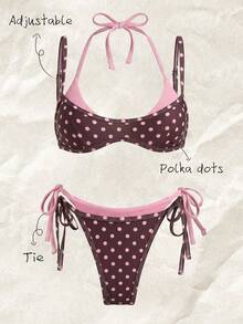 Elavelle Conjunto de Bikini 2 en 1 para Mujer con Estampado Aleatorio, Cuello Halter y Tirantes Finos, Primavera/Verano - Multicolor - Ver 1