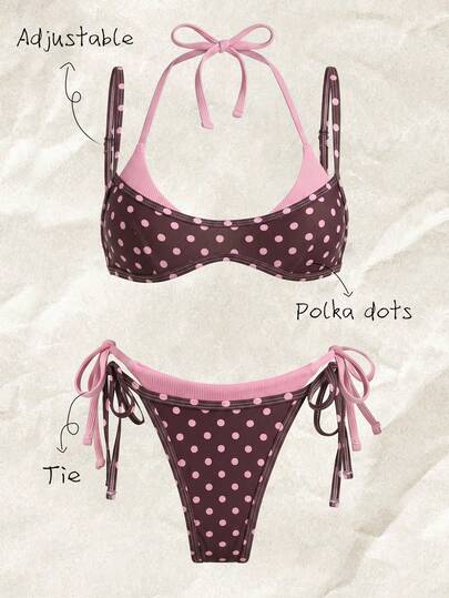 Elavelle Women's Random Print Halter Neck Spaghetti Strap Faux Two Pieces Bikini Set, Spring/Summer