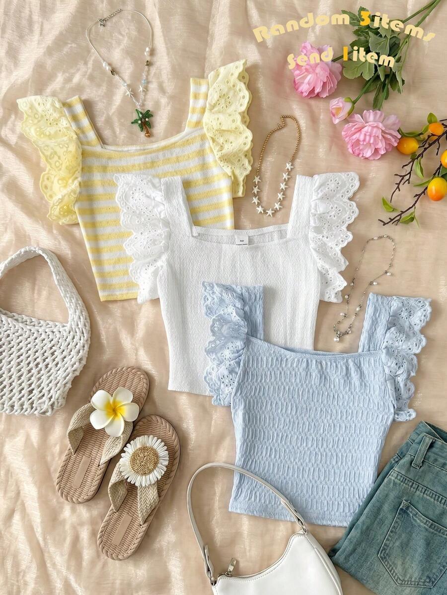 SHEIN 少女休闲简约舒适方领短袖纹理面料T恤 - 黃色 - 查看 1