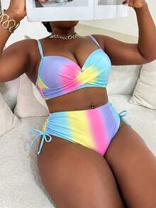 Slaydiva Plus Size Women 2pcs/Set Random Print Underwire Bikini Swimwear, Casual Holiday Outfit - Multicolor - View 1