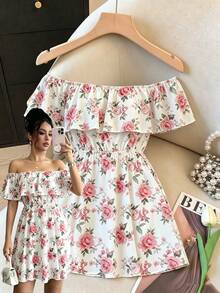 Elenzga Women's Floral Print Off-Shoulder Ruffle Hem Vacation Dress - White - View 6