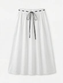 lacRébo Chân váy midi cotton trắng với chi tiết thắt eo kẻ caro tương phản và viền thêu nhỏ, phong cách boho mùa hè kiểu Pháp, chân váy thường ngày thoải mái cho kỳ nghỉ hè, chân váy đi nghỉ mát, chân váy cotton kiểu cổ điển. - trắng - Xem 6