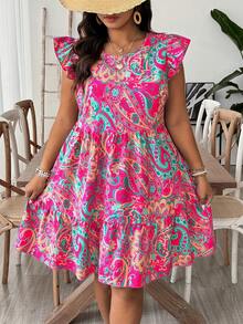 SHEIN VCAY Plus Size Round Neck Ruffle Hem Tropical Vintage Print Fashion Casual Dress, Beach Dress Sundress, Holiday Boho Outfits - Hot Pink - View 6