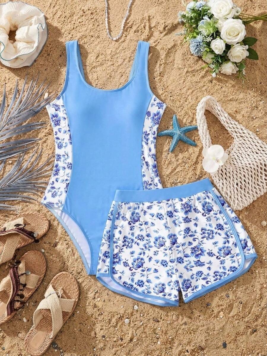 SHEIN Bộ 2 món đồ bơi và quần short họa tiết hoa nhí cho bé gái tuổi teen, kiểu dáng thời trang, giản dị và thanh lịch, thích hợp cho bơi lội, kỳ nghỉ hè, bãi biển, hồ bơi, tiệc tùng, v.v. - Màu xanh nhạt - Xem 1