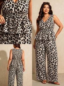 Elaquor Plus Size Casual Vacation Leopard Print Sleeveless A-Line Ruffle Blouse And Straight Leg Pants 2-Piece Set, Summer Outfit - Multicolor - View 8