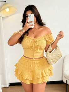 Vionelle Plus Size Sexy Off-Shoulder Going Out Top And Shorts Set, Bow Decor, Casual Beach Vacation Outfit - Light Yellow - View 5