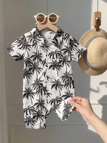 SHEIN Playful Pals 男嬰黑白短袖翻領熱帶葉子印花前開式連身褲 夏季休閒度假假期夏威夷襯衫連身褲 3M-24M - 黑與白 - 查看 4