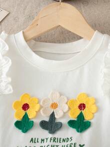 Genkimix Kids Young Girl Floral Applique Ruffle Sleeve T-Shirt And Fringe Denim Shorts 2pcs Set - White - View 6