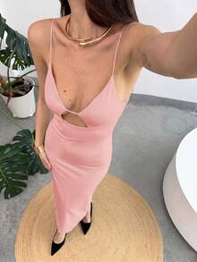 Aloruh Vestido elegante de unicolor sin espalda para mujer, de verano - Rosa - Ver 4