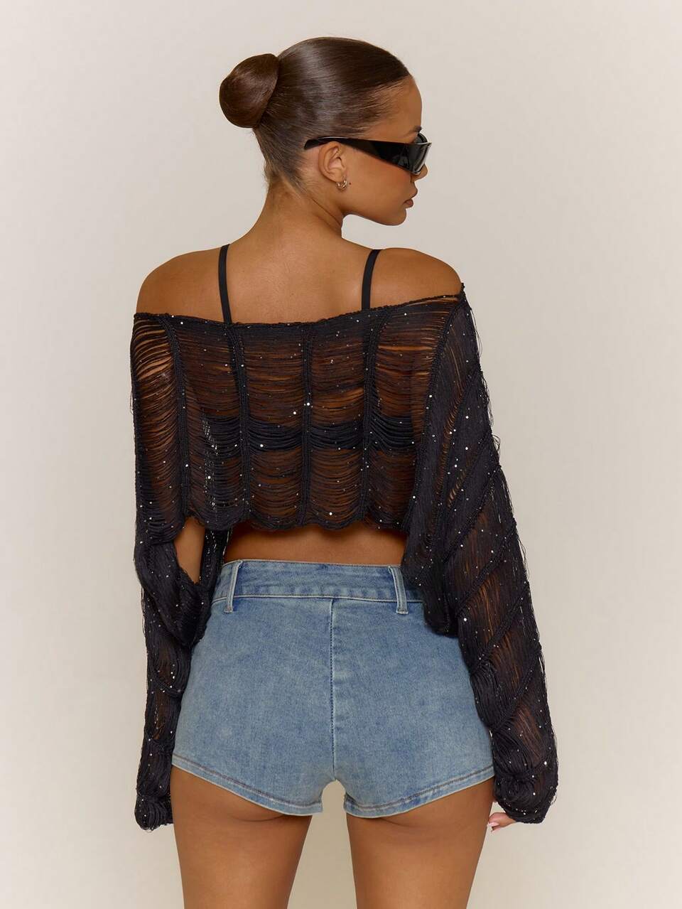 Black Sheer Textured Knitted Long Sleeve Crop Top