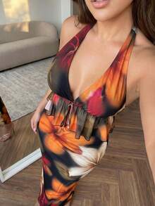 Hourglow Plus Size Summer Vacation Floral Ruffle Spaghetti Strap Dress - Black - View 6
