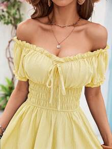 Vivid Eden Off Shoulder Ruffles Waisted Summer Beach Women Dress,Summer Dress,Mini Dress,Romantic,Dresses For Women Summer - Yellow - View 4