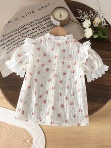SHEIN Genkimix Kids 女童休閒碎花荷葉邊泡泡袖短袖上衣，適合夏季休閒外出 - 白色 - 查看 3