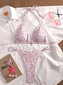 Swim Mod Bộ đồ bơi 2 mảnh dành cho nữ với họa tiết vỏ sò và sao biển ngẫu nhiên, dây buộc cổ, phụ kiện mặt dây chuyền vàng, quần bikini tam giác thông thường với phần lưng nhún, eo có thể điều chỉnh, trang phục đi biển dành cho người lớn. - Nhiều màu - Xem 2