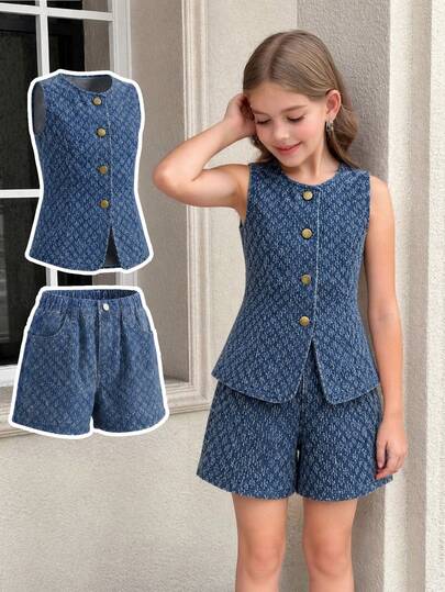 2pcs/Set Girls Casual Denim Outfit, Soft Cotton, Fashionable, Versatile, Comfortable Daily Wear, Minimalist, Sleeveless Crop Top + High Waist A-Line Denim Shorts, Distressed Jacquard Denim Fabric, Retro Casual Chic Design, Fitted Silhouette, Vintage Washed Denim Set Suitable For Casual, Vacation, Daily Wear
