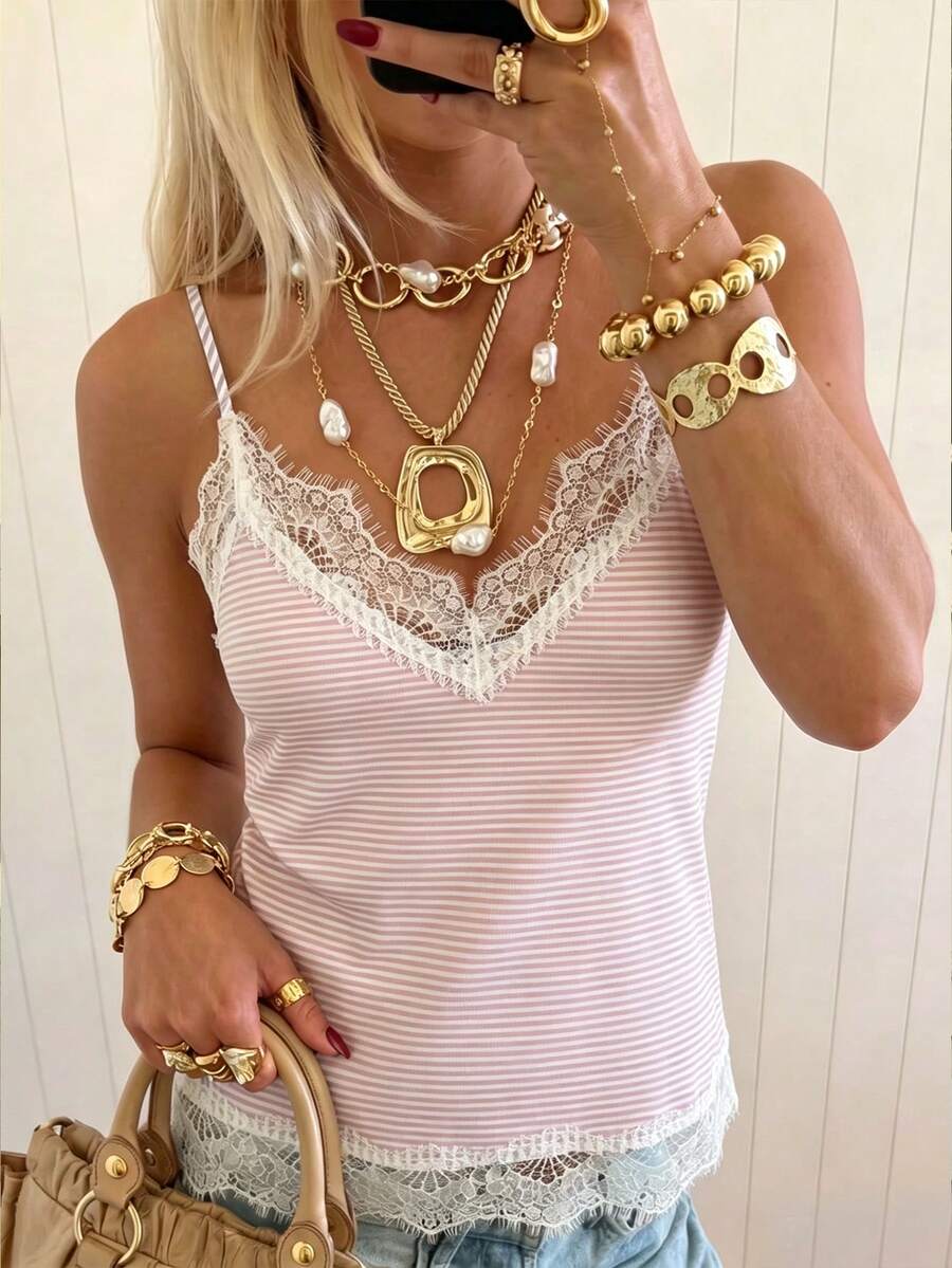 SHEIN EZwear 女款優雅粉白條紋蕾絲拼接細肩帶背心上衣,時尚夏季上衣,適合早午餐、派對、海灘,Y2K復古復古風 - 彩色 - 查看 1