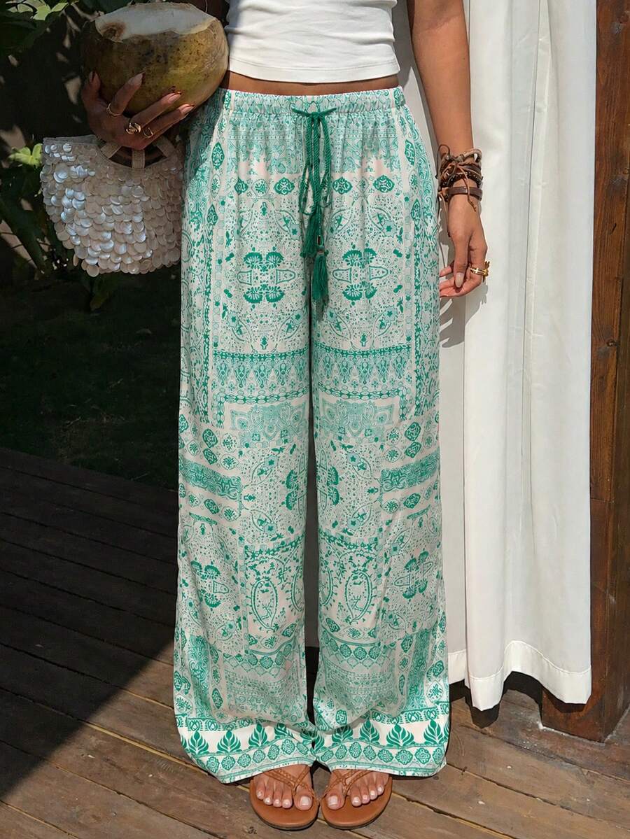 Sunnyshic Quần ống rộng cạp thấp, chất liệu họa tiết Paisley phong cách Bohemian, phối tua rua, thích hợp cho nữ mặc đi nghỉ mát và hàng ngày, phù hợp cho mùa xuân/hè. - màu xanh lá - Xem 1
